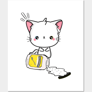 Cute white angora cat spilled mayonnaise Posters and Art